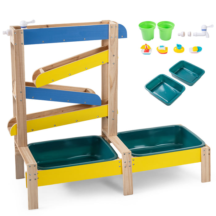 Fir Wood Montessori Sensory Play Activity Table with 2 Water Basin and Submarine Toys for Boys and Girls 3+-