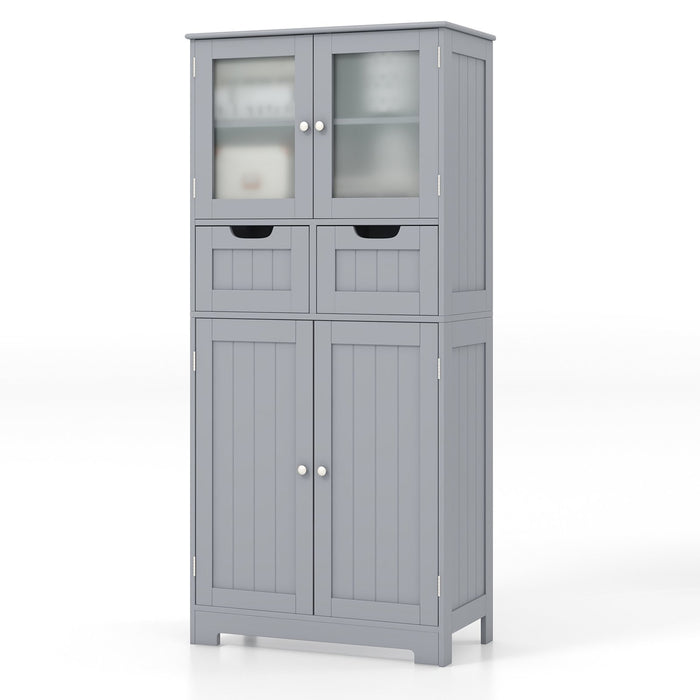 Floor Storage Cabinet with 2 Glass Doors, 2 Drawers and Adjustable Shelves-Grey