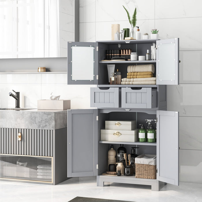 Floor Storage Cabinet with 2 Glass Doors, 2 Drawers and Adjustable Shelves-Grey