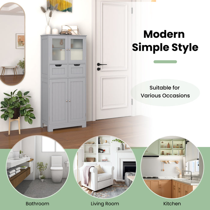 Grey Floor Cabinet with Crystal Clear Glass Doors - Features 2 Drawers and Adjustable Shelves - Perfect Solution for Home Storage Needs