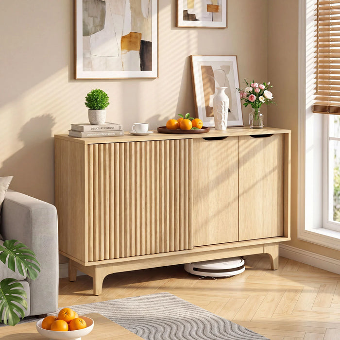 Fluted Sideboard with Adjustable Shelves and Sliding Door for Living Room-