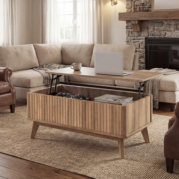 Fluted Lift Top Coffee Table 90CM Rectangle Wooden Center Table-