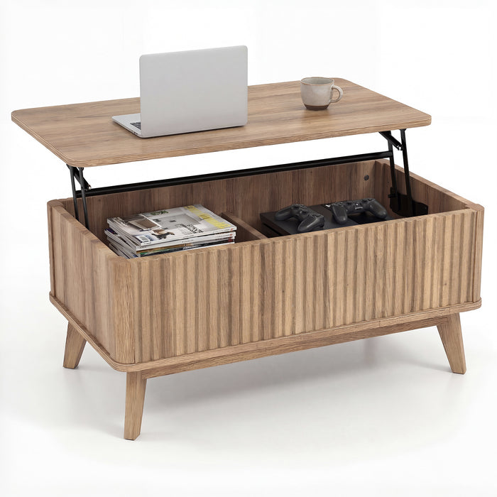Fluted Lift Top Coffee Table 90CM Rectangle Wooden Center Table-