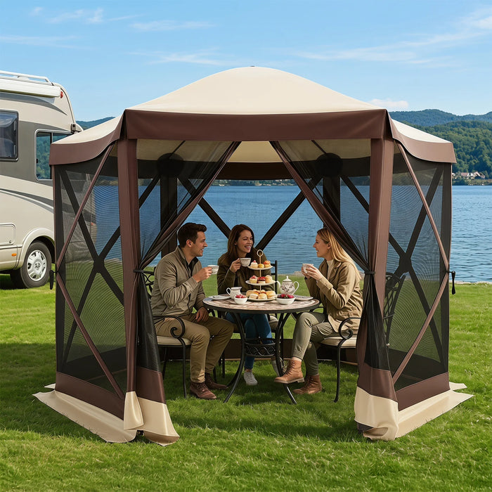 Foldable Hexagonal Gazebo with 6 Mosquito Net Sides and Zipped Door with Carry Bag-