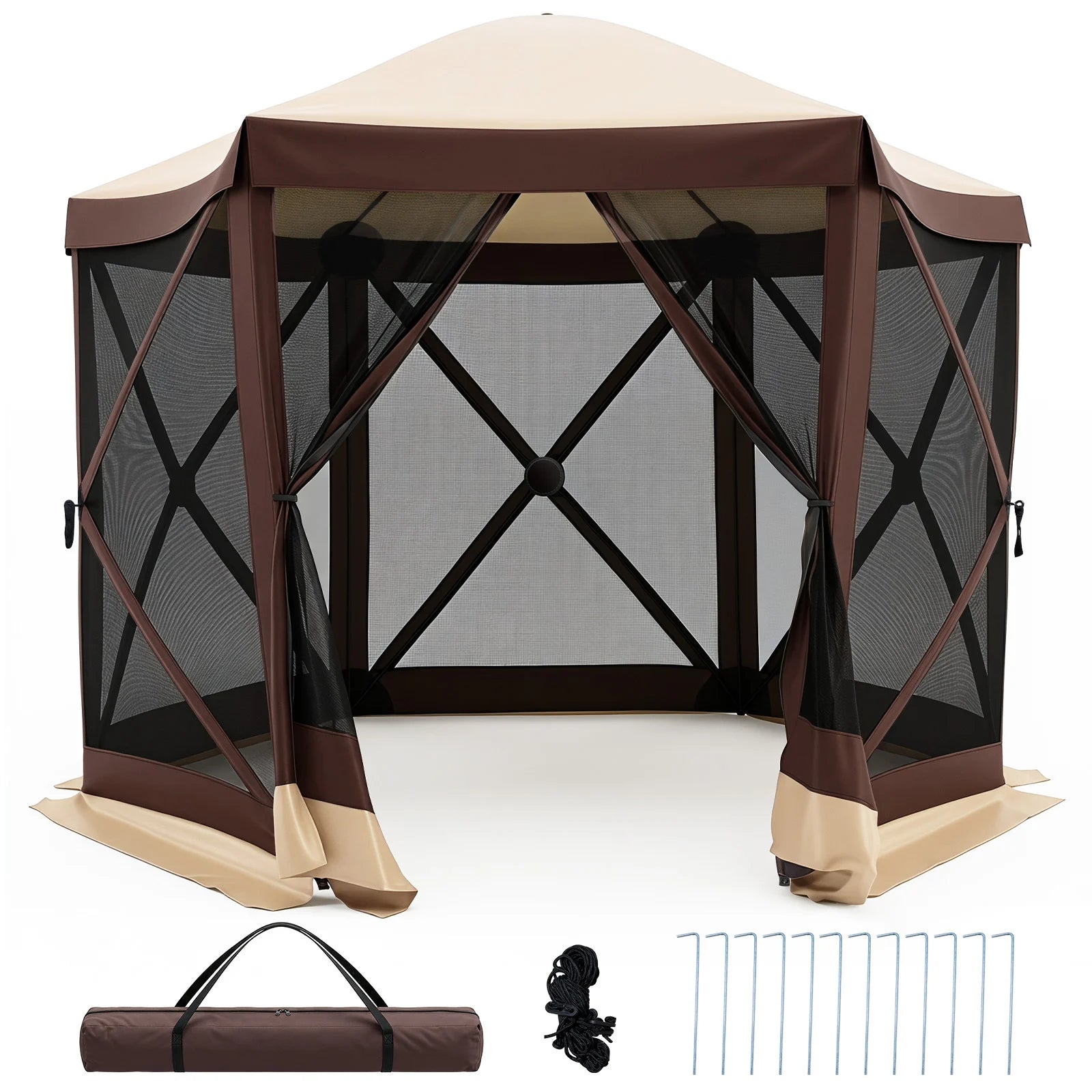 Foldable Hexagonal Gazebo with 6 Mosquito Net Sides and Zipped Door with Carry Bag-
