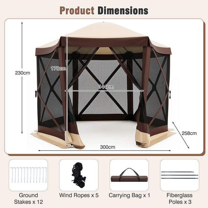 Foldable Hexagonal Gazebo with 6 Mosquito Net Sides and Zipped Door with Carry Bag-