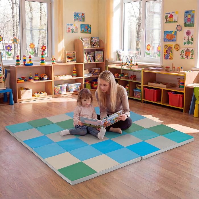 Foldable Patchwork Toddler Activity Mat with Waterproof Faux Leather-