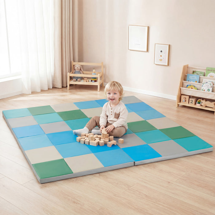 Foldable Patchwork Toddler Activity Mat with Waterproof Faux Leather-