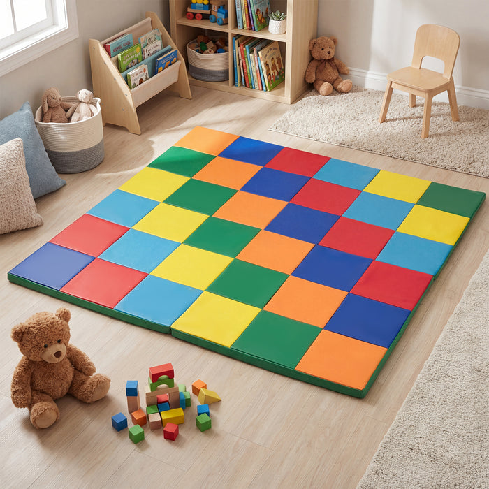 Foldable Patchwork Toddler Activity Mat with Waterproof Faux Leather-