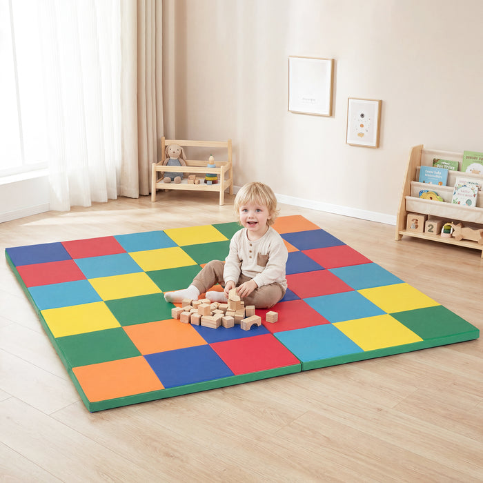 Foldable Patchwork Toddler Activity Mat with Waterproof Faux Leather-
