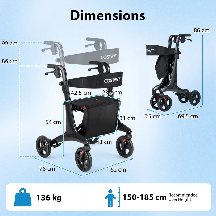 Foldable Rollator Walker with Seat and Carbon Fiber Structure for Seniors-