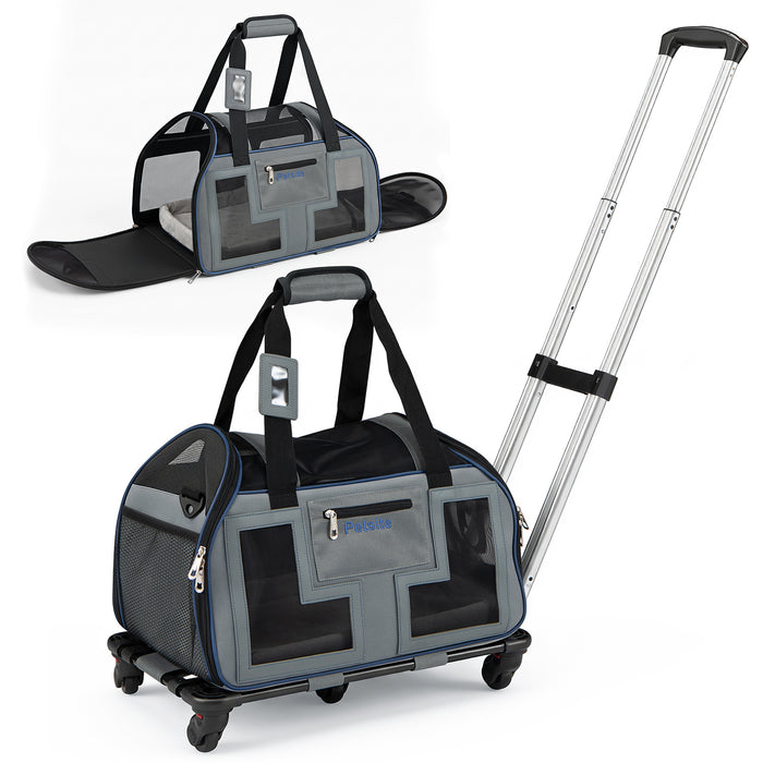 Foldable Rolling Pet Carrier with Wheels and Padded Carry Handle-Blue