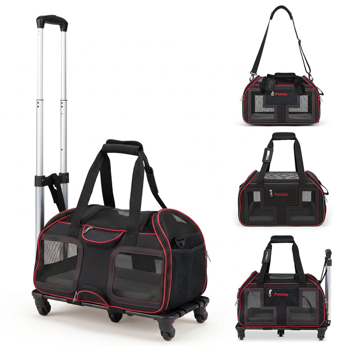 Foldable Rolling Pet Carrier with Wheels and Padded Carry Handle-Blue
