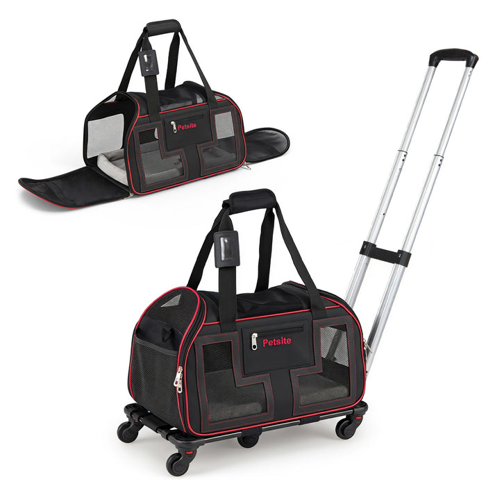Foldable Rolling Pet Carrier with Wheels and Padded Carry Handle-Blue