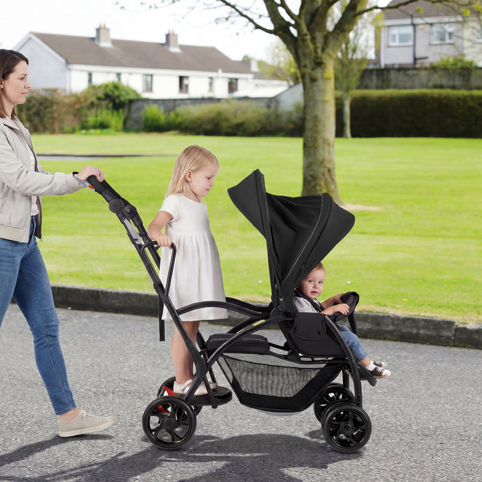 Foldable Twin Tandem Stroller Sit and Stand Double Stroller with Adjustable Handle Bar-