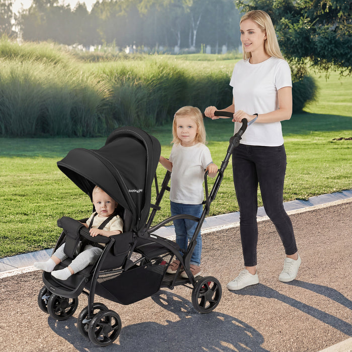 Foldable Twin Tandem Stroller Sit and Stand Double Stroller with Adjustable Handle Bar-