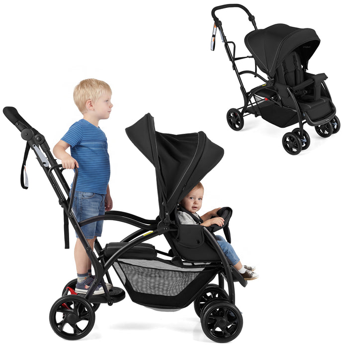 Foldable Twin Tandem Stroller Sit and Stand Double Stroller with Adjustable Handle Bar-