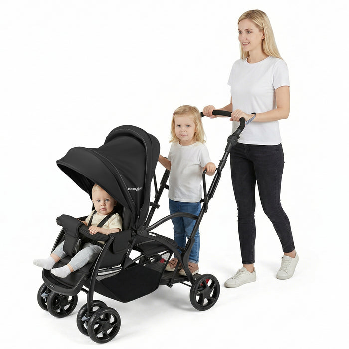 Foldable Twin Tandem Stroller Sit and Stand Double Stroller with Adjustable Handle Bar-