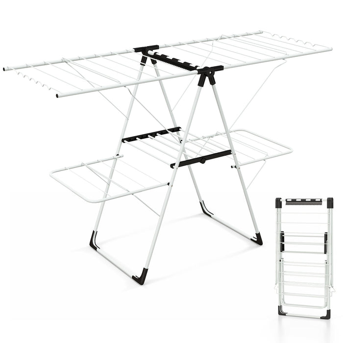 Foldable 2-level Laundry Drying Rack with Adjustable Wings and Clips