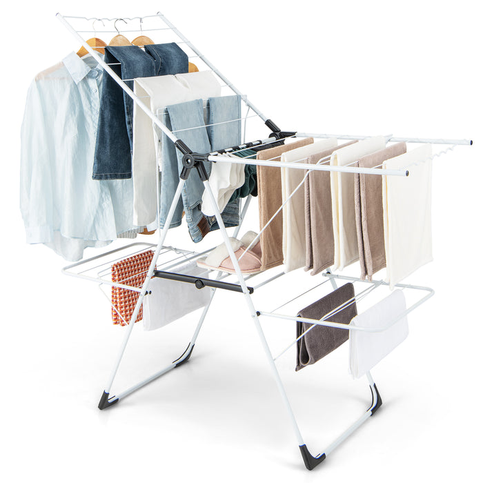 Foldable 2-level Laundry Drying Rack with Adjustable Wings and Clips