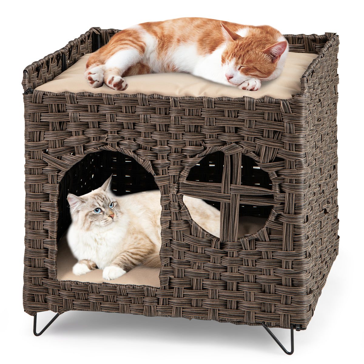 Foldable 2-tier Rattan Cat House Wicker Kitten Condo Indoor Pet Furniture Side Table-