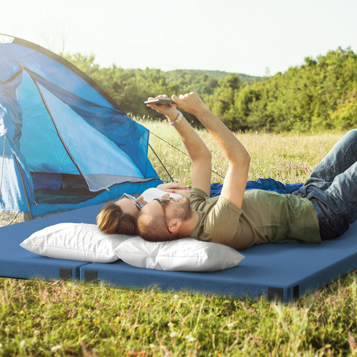 Foldable Camping Mattress with High density foam Cushion & Anti-slip Bottom and Carrying Bag-Blue