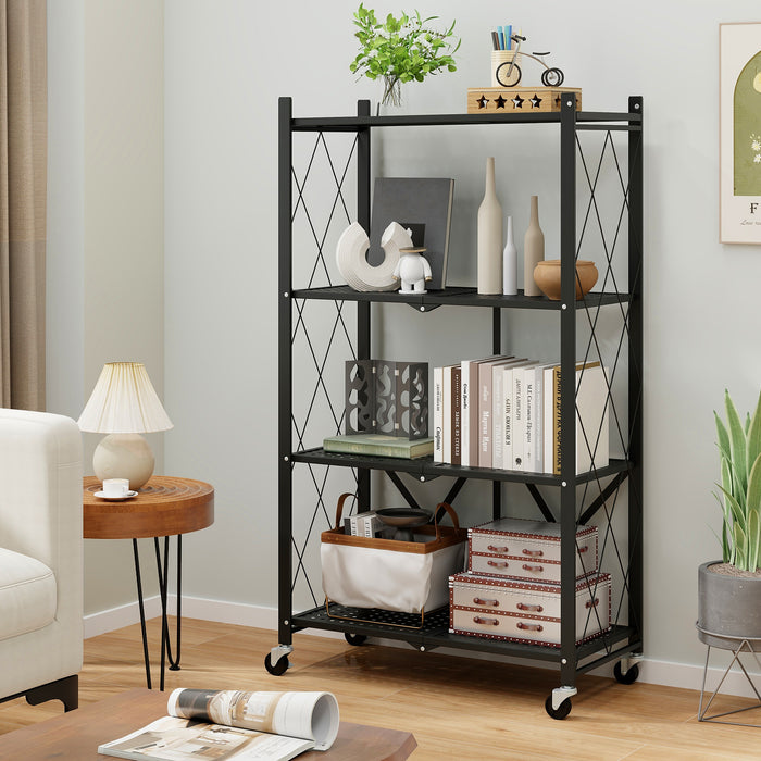 4-Tier Metal Foldable Collapsible Storage Rack with Lockable Wheels-Bl ...