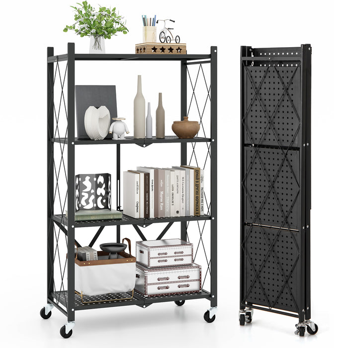 4-Tier Metal Foldable Collapsible Storage Rack with Lockable Wheels-Black