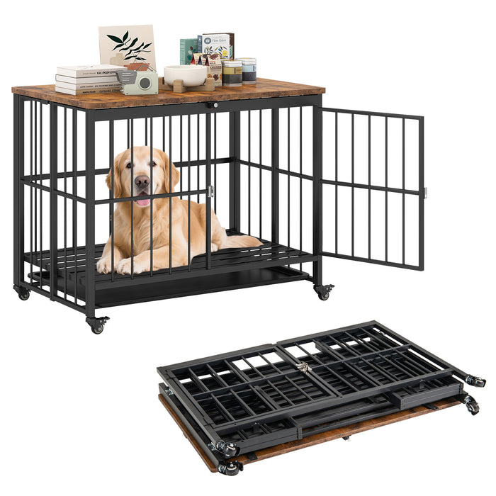 Foldable Dog Crate Furniture with Removable Tray Heavy-duty Chew-resistant Dog Kennel-