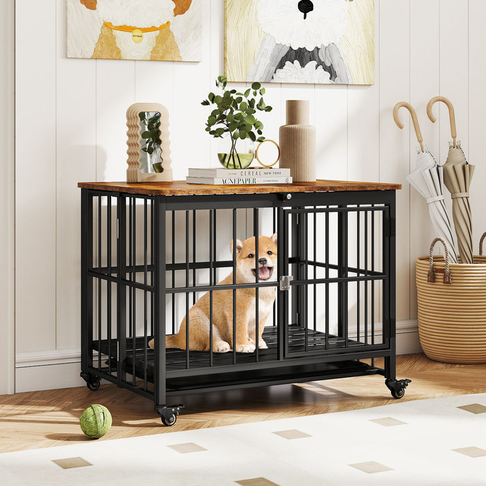 Foldable Dog Crate Furniture with Removable Tray Heavy-duty Chew-resistant Dog Kennel-