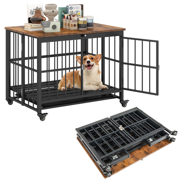 Foldable Dog Crate Furniture with Removable Tray Heavy-duty Chew-resistant Dog Kennel-