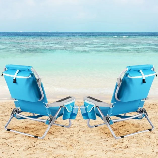 Folding Lay Flat Beach Chair Set of 2 with 5-Position Backrest-Blue & Green