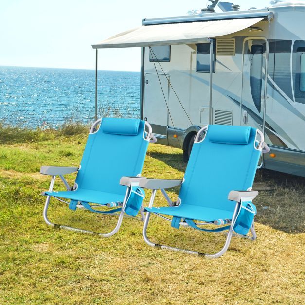 Folding Lay Flat Beach Chair Set of 2 with 5-Position Backrest-Blue & Green