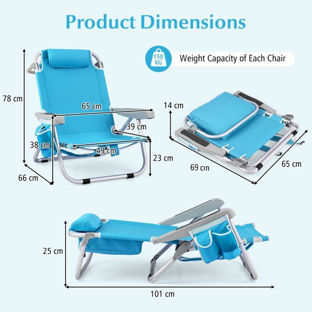 Folding Lay Flat Beach Chair Set of 2 with 5-Position Backrest-Blue & Green
