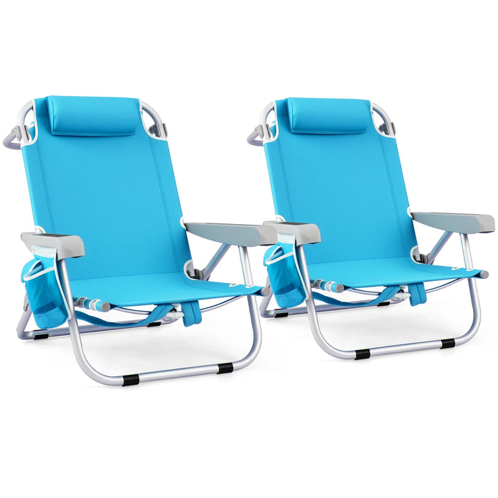 Folding Lay Flat Beach Chair Set of 2 with 5-Position Backrest-Blue & Green