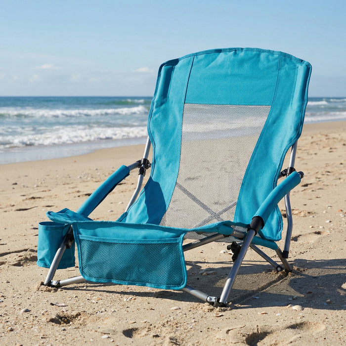 Folding Beach Chair with Padded Armrests and Storage Pocket-Blue