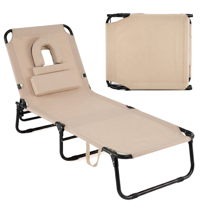 Folding Beach Sun Lounger Adjustable Face Down Tanning Chair with Face Hole and Removable Pillows-