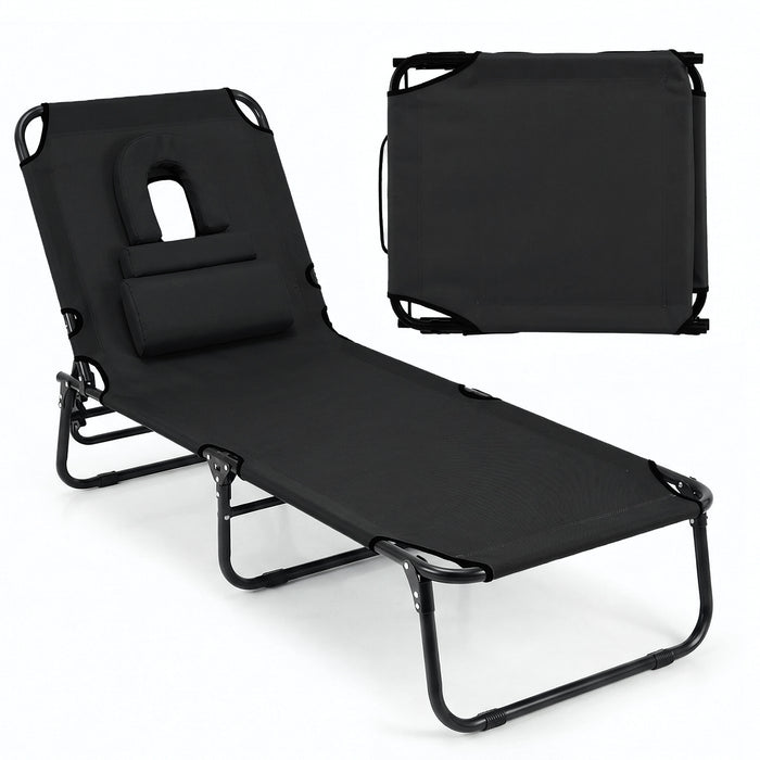 Folding Beach Sun Lounger Adjustable Face Down Tanning Chair with Face Hole and Removable Pillows-