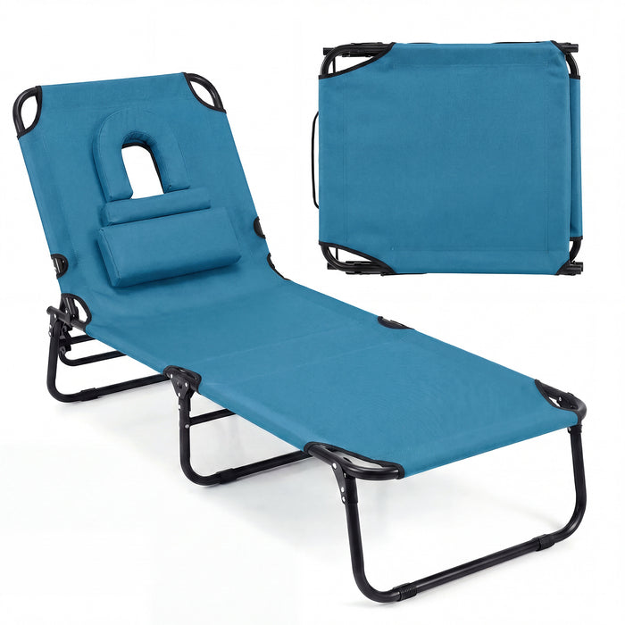Folding Beach Sun Lounger Adjustable Face Down Tanning Chair with Face Hole and Removable Pillows-