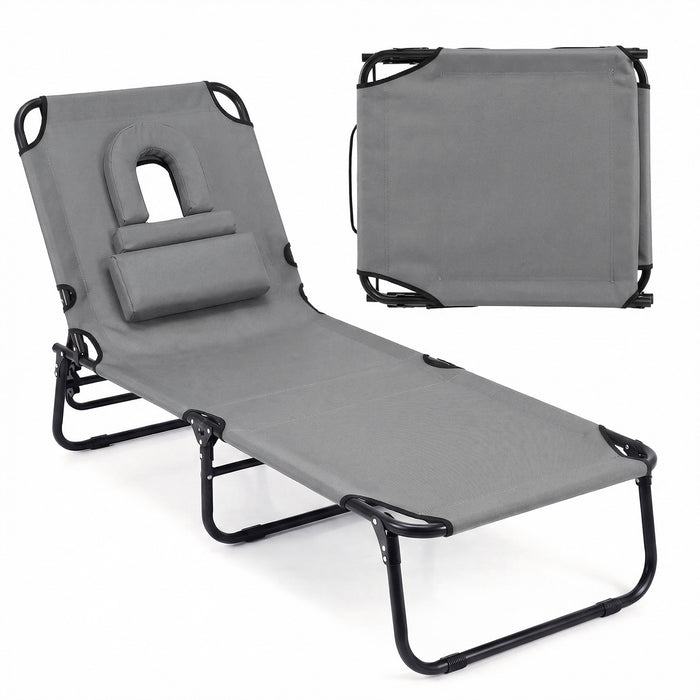 Folding Beach Sun Lounger Adjustable Face Down Tanning Chair with Face Hole and Removable Pillows-