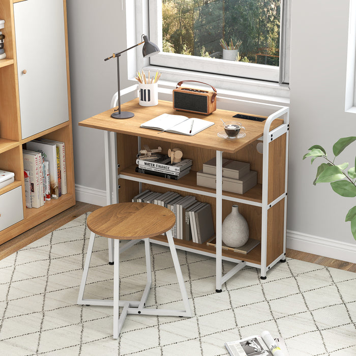 Folding Computer Desk with Stool and Storage Shelves with AC Outlets-