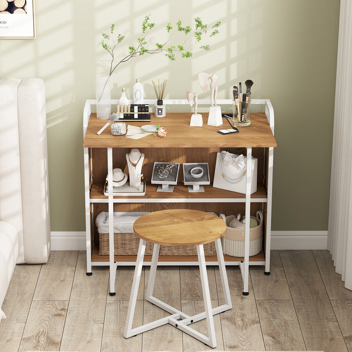 Folding Computer Desk with Stool and Storage Shelves with AC Outlets-