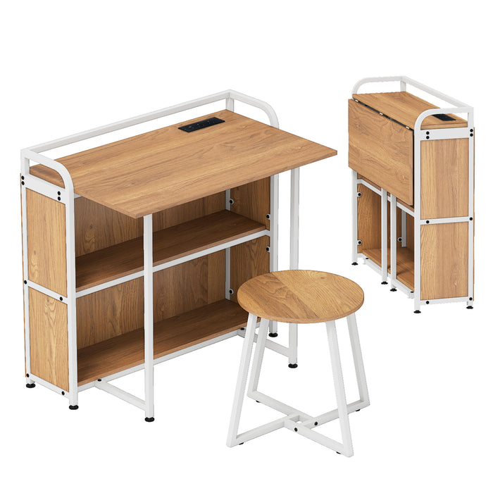Folding Computer Desk with Stool and Storage Shelves with AC Outlets-