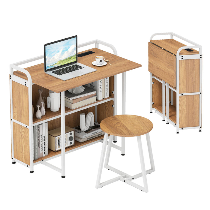 Folding Computer Desk with Stool and Storage Shelves with AC Outlets-
