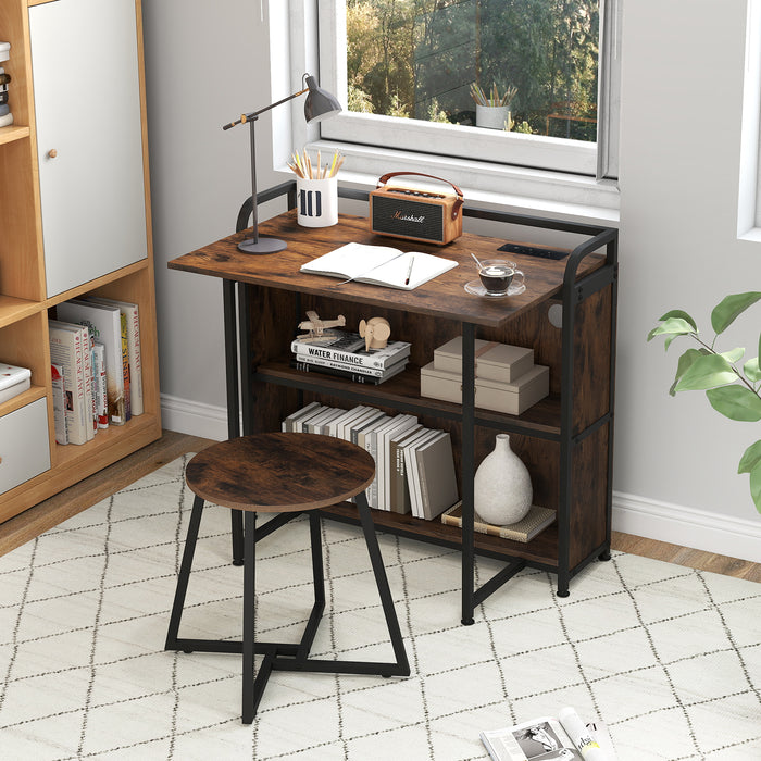 Folding Computer Desk with Stool and Storage Shelves with AC Outlets-