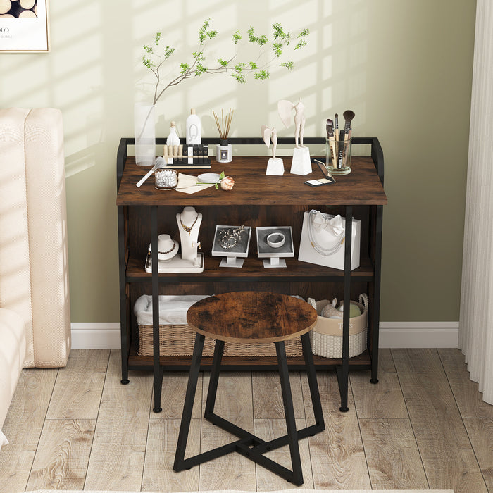 Folding Computer Desk with Stool and Storage Shelves with AC Outlets-
