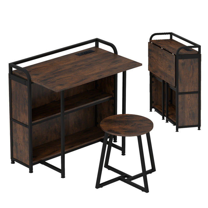Folding Computer Desk with Stool and Storage Shelves with AC Outlets-