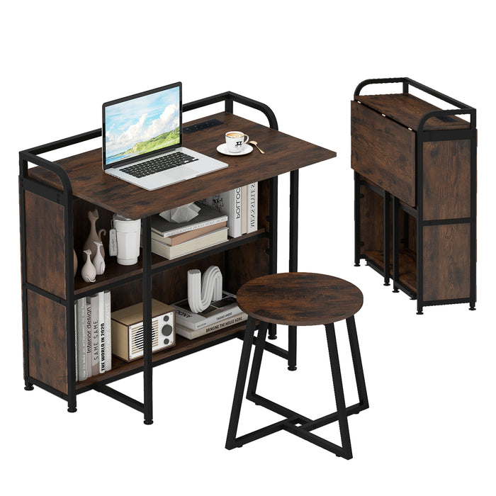 Folding Computer Desk with Stool and Storage Shelves with AC Outlets-
