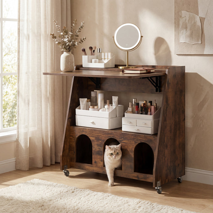 Folding Desk on Wheels with Storage Shelves and Compartments for Small Spaces-