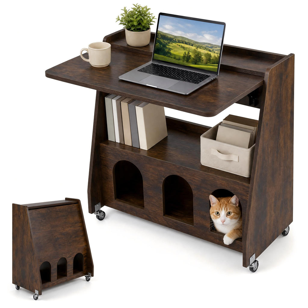 Folding Desk on Wheels with Storage Shelves and Compartments for Small Spaces-